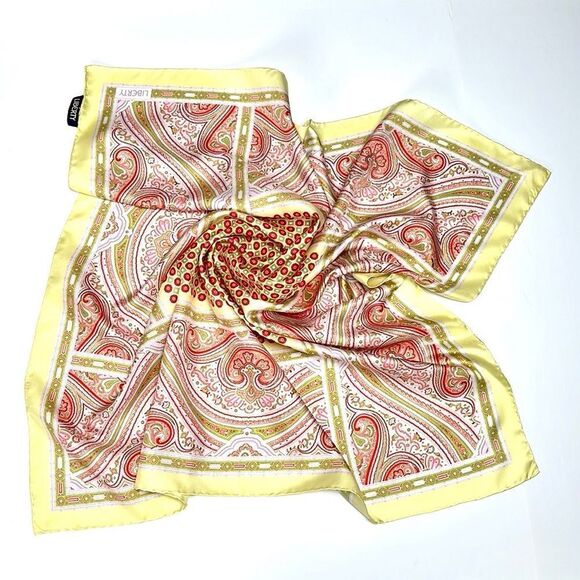 Liberty Silk Twill Yellow Red Paisley Red Square Scarf Hand Rolled Italy - Picture 3 of 13